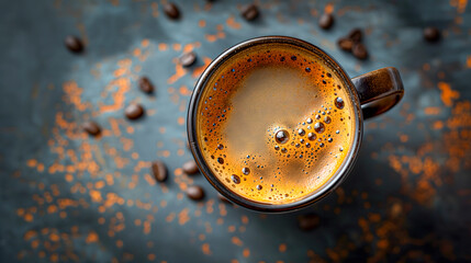 Cup of coffee with coffee beans on dark background, top view
