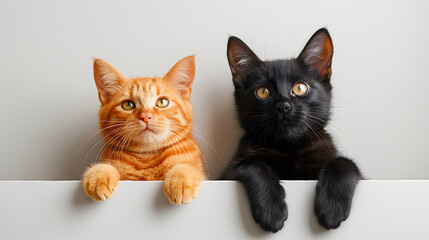 Two cats sitting on a white wall and looking at the camera.