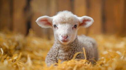 Naklejka premium Close up of a lamb in a hayloft in a farm