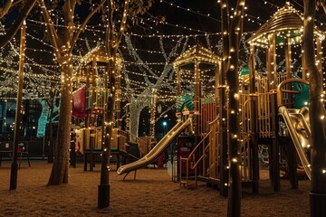A vibrant playground with a slide and illuminating lights, creating a fun and exciting atmosphere, A night view of the playground, lit up by fairy lights, AI Generated