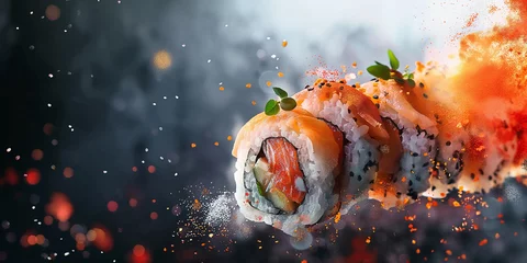 Gordijnen Perfect, fresh, delicious sushi on a copy space background. Sushi set with sashimi and sushi rolls served on stone slate. © SARATSTOCK