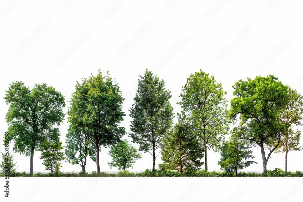 Poster the green trees are isolated on a white background. the forest is lush and green in the summer. tree