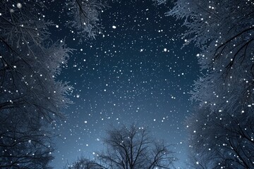 Serene winter night with snow-covered trees illuminated by the brilliance of stars, A nighttime sky illuminated by white winter stars, AI Generated