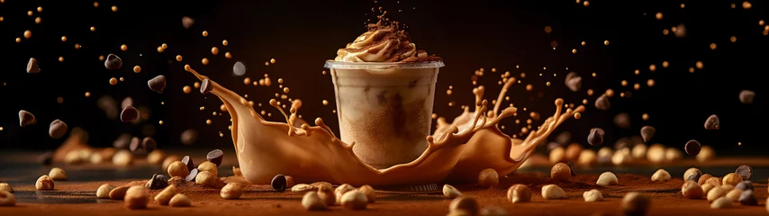 Rolgordijnen Coffee splash in a glass with cream and chocolate on a dark background © Nutchanok