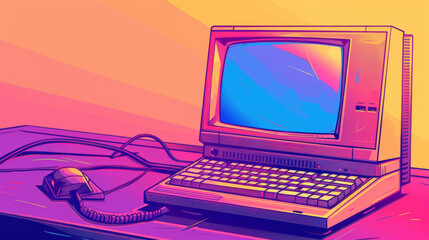 Bright pink and yellow hues highlight a retro-styled illustration of an old computer and phone on a vintage desk