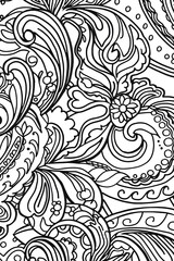 Intricate floral patterns weave across the image creating a mesmerizing black and white design suitable for various applications
