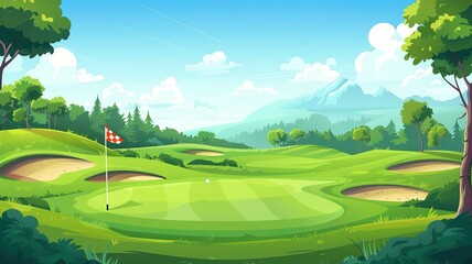 Golf course with flags, green and sand bunkers, cartoon illustration