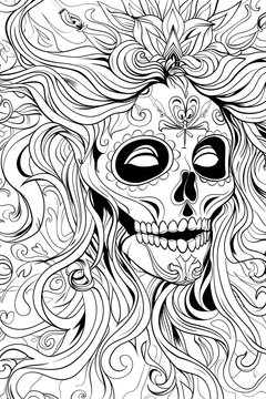 This striking image features a Day of the Dead sugar skull with floral elements, exuding cultural significance and artistic flair
