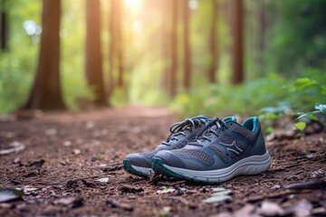 A pair of brand new New Balance shoes sitting on the ground amidst the woodland scenery, A pair of new running shoes on a forest trail, AI Generated