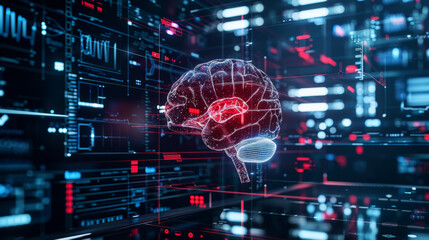 Dark 3d futuristic model of human brain, neurology healthcare concept. Scientific research and data. Generative AI