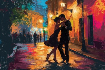 A vibrant painting depicting a couple gracefully dancing together in the rain, A pair of tango...