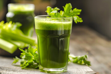Green celery juice in a tall glass on a rustic table with fresh stalks beside. Freshly made celery smoothie, accompanied by whole celery stalks on rustic wood. Celery fresh juice close up