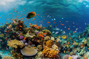 Fototapeta na wymiar Large Group of Fish Swimming Above a Colorful Coral Reef, A panoramic view of a lively coral reef teeming with diverse marine life, AI Generated