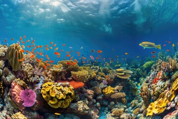 Naklejka na ściany i meble An underwater view showcasing the vibrant colors and diverse marine life of a coral reef, A panoramic view of a lively coral reef teeming with diverse marine life, AI Generated