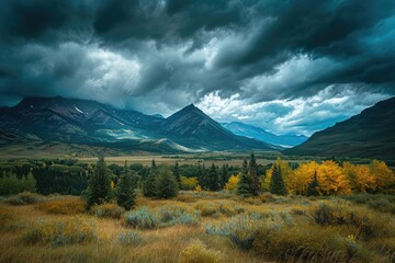 A scenic field filled with green vegetation and tall trees, set against a backdrop of magnificent mountains, A panoramic view of a mountain range under stormy skies, AI Generated