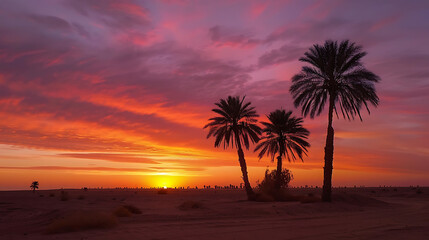 A dramatic sunset over a vast desert landscape, with silhouetted palm trees swaying in the warm breeze