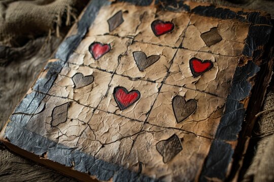 A worn-out book with vibrant hearts painted on its cover, adding a touch of color and charm to its otherwise plain exterior, A parched manuscript inscribed with heart-shaped symbols, AI Generated