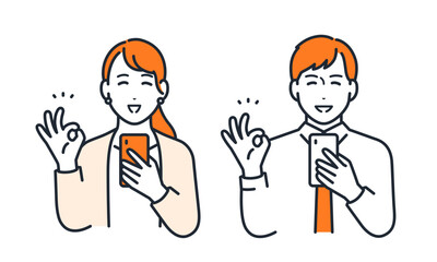 スマートフォンを持ってOKサインをする若い会社員の男女のシンプルなベクターイラストセット素材