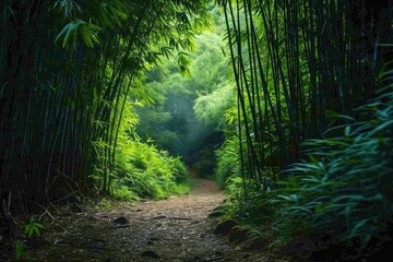 A winding path leads through a dense bamboo forest with tall bamboo stalks creating a mesmerizing...