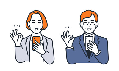 スマートフォンを持ってOKサインをする経営者のシンプルなベクターイラストセット素材