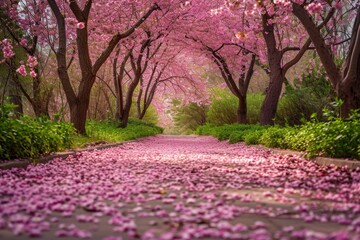 A pathway lined with vibrant pink flowers on the ground, creating a colorful and inviting scene, A pathway filled with cherry blossom petals in a park, AI Generated