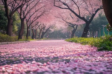 A vibrant park filled with numerous pink flowers covering the ground, creating a breathtaking scene, A pathway filled with cherry blossom petals in a park, AI Generated
