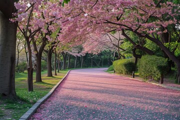 A charming tree lined street with vibrant pink flowers blooming, creating a beautiful and colorful scene, A pathway filled with cherry blossom petals in a park, AI Generated