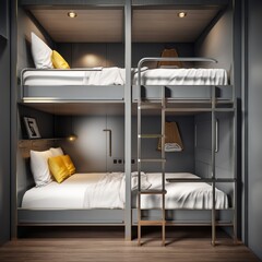 Transport the viewer to a hostel dormitory with clean spacious bunk beds neatly made and personal belongings tucked awayStudio shot luxurious design elegant simplicity - obrazy, fototapety, plakaty