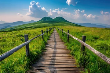  A wooden path winds its way through a vibrant green field, surrounded by natures beauty, A pathway leading to a heart-shaped mountain in the distance, AI Generated © Iftikhar alam