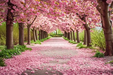 A scenic pathway lined with blooming pink flowers and flourishing trees, A pathway filled with cherry blossom petals in a park, AI Generated