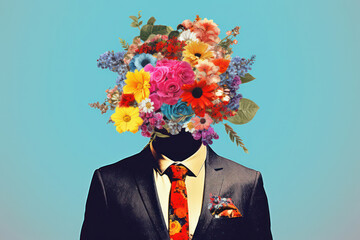 Abstract Business Concept: Men's Head in a Floral Suit on a Surreal Background