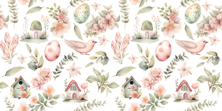 Watercolor seamless easter pattern with eucalyptus, flowers, eggs and houses.