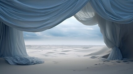 a white curtain in a snowy landscape