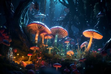Obraz na płótnie Canvas A magical forest, filled with glowing mushrooms and mysterious plants