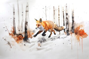 red fox runs through the autumn forest, a predator hunts in the wild, a dangerous animal, illustration for a book and encyclopedia, photo on a watercolor background of birch