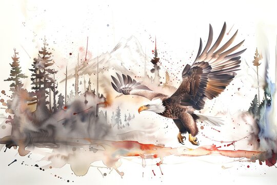 bald eagle in flight over the forest, mountains and gorges, wildlife of North America, bird of prey on the hunt. Watercolor illustration and photography, for national parks, nature reserves