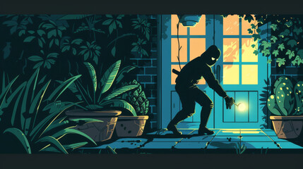 A burglar is depicted sneaking outside a warmly lit window in a dark setting, hinting at a potentially suspenseful story