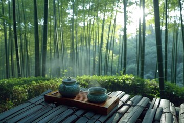 A photo of a tea set arranged neatly on top of a wooden table, A peaceful tea ceremony in a serene...