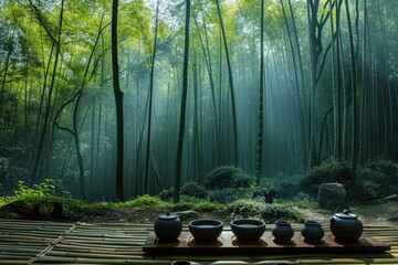 A vibrant bamboo forest teeming with a multitude of green plants and foliage, A peaceful tea...