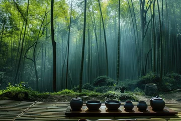 Keuken spatwand met foto A vibrant bamboo forest teeming with a multitude of green plants and foliage, A peaceful tea ceremony in a serene bamboo forest, AI Generated © Iftikhar alam