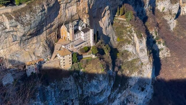 Medieval church Santuario Basilica Madonna della Corona on the cliffs Verona, Italy. High quality 4k footage