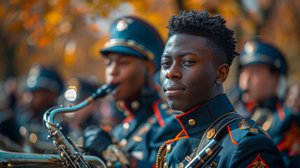 Envision a community parade honoring veterans and fallen soldiers, marching bands playing solemn melodies as crowds line the streets to pay their respects - obrazy, fototapety, plakaty
