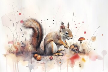 squirrel in the forest on the grass, illustration of animal with watercolor background, for national park, zoo, reserve, prints, posters, decor, books, stationery