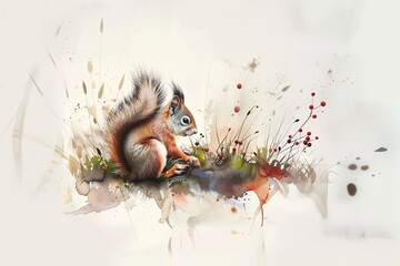 squirrel in the forest on the grass, illustration of animal with watercolor background, for national park, zoo, reserve, prints, posters, decor, books, stationery