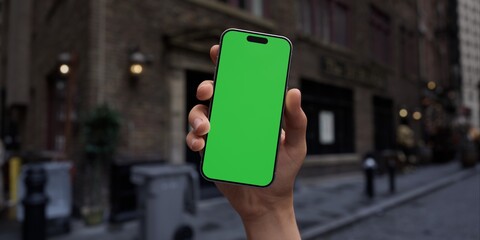 Hand holding a smartphone with a green screen on an urban city street background - 757184578