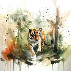 Tiger in Jungles of India in wildlife, Asian exotic nature, llustration of animal with watercolor background, for national park, zoo, reserve, prints, posters, decor, books, stationery