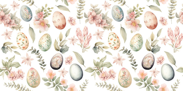 watercolor seamless pattern with cute easter eggs and spring flowers. holiday print for fabri