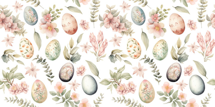 watercolor seamless pattern with cute easter eggs and spring flowers. holiday print for fabri