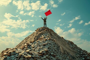 A man stands proudly on a towering pile of coins, clutching a vibrant red flag, A person standing...