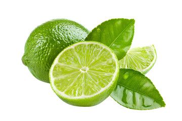 Green lime with cut in half and slices isolated on transparent background